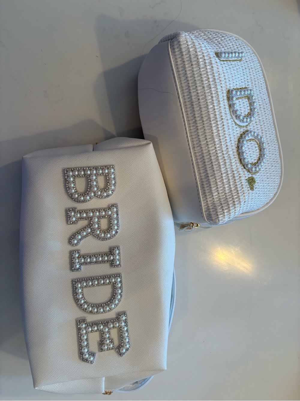 Amazon White Bridal Cosmetic Bag Set with Pearl 'BRIDE' Accent, burlap clear bag